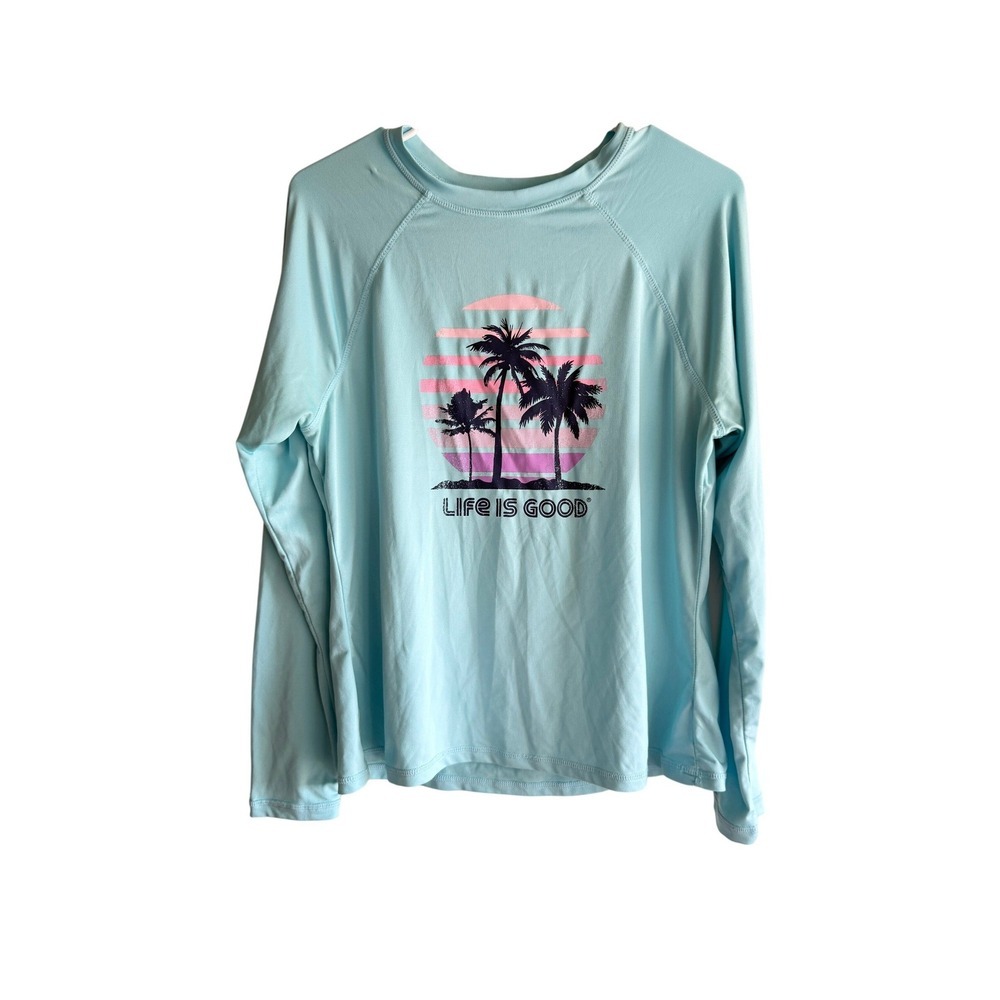 Life Is Good Palm Tree Sunset Long Sleeve Tee Blue Performance Shirt Womens